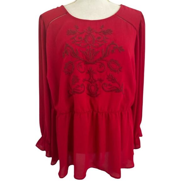 torrid Tops - Torrid Peplum Georgette Embroidered Long Sleeve Blouse Plus Size 2X Red